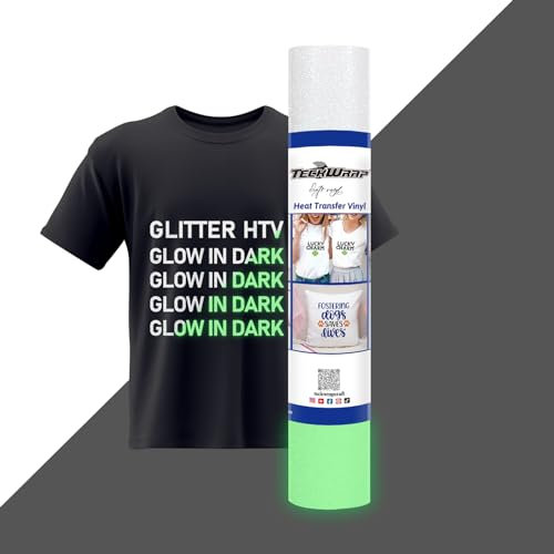 TECKWRAP Glow in Dark Glitter HTV White Glitter Heat Transfer Vinyl Roll 10 x 5ft for DIY Clothing,T-Shirts,Fabric Luminous Glitter Iron on Vinyl Compatible with Heat Press Craft Cutters