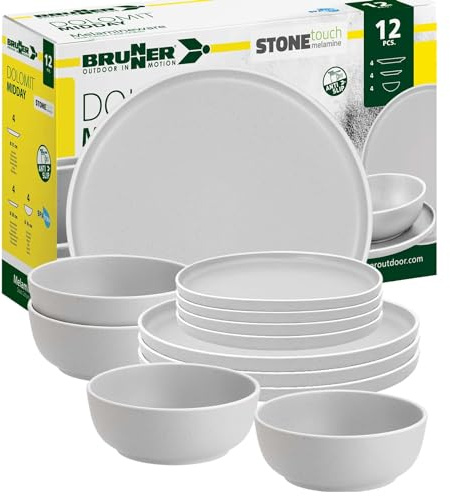 BRUNNER Melamin Geschirr-Set Camping 12-Teilig DOLOMIT Midday Stapelbar | Antislip (Antirutsch), 2-4 Personen, wie Steingut (StoneTouch), Bruchfest, Teller & Schüsseln, Wohnmobil Wohnwagen Boot