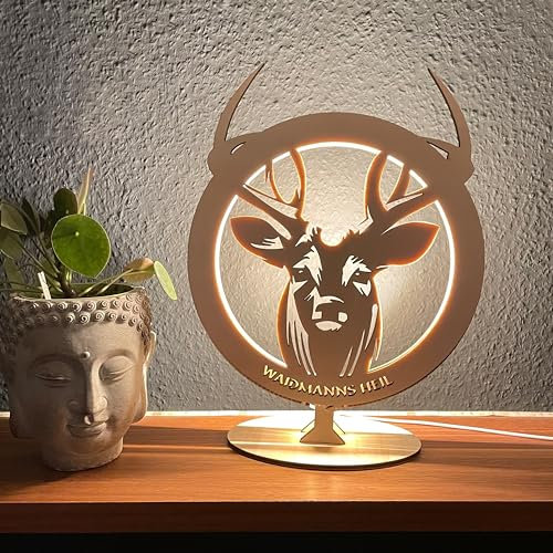 Tischlampe aus Holz – Personalisiert mit Name, Hirsch Motiv, USB-Betrieb, Geschenke für Jäger und Jagdvereine
