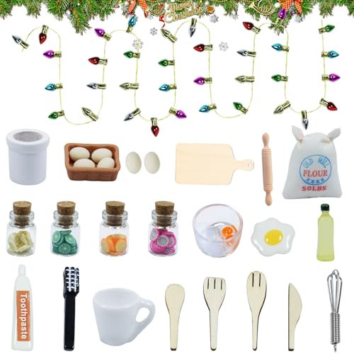 27 Stück Wichtel Zubehör Weihnachten, Wichtel Küche Weihnachtswichtel Zubehör, Puppenhaus Geschirr Miniatur Wichtel Zubehör, für DIY Deko Mädchen