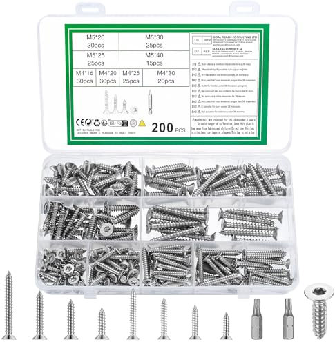 200 Pz M4 M5 Viti Autoperforanti per Metallo e Legno - Set Autofilettanti a Testa Piatta e Svasata Torx - Assortimento per Cartongesso