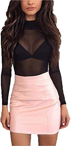 Tidecc Women Mesh Tops Long Sleeve See Through Transparent Mesh Stand Neck Sheer Blouses T-Shirt Tops Black