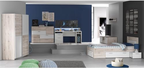 Jugendzimmer Steffie, 5-teiliges Komplett Set, modernes Gamingzimmer mit Gaming-Tisch, Funktionsbett 140x200 cm, Schwebetürenschrank, Kommode & TV-Unterschrank in Sandeiche-Weiß