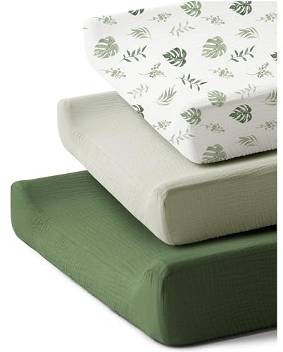 Coreeky 3 Pack Muslin Changing Pad Covers for Girl, Boy, 100% Soft Cotton Changing Table Cover, Breathable Baby Nursery Diaper Chang Pad Sheets (Leaf)