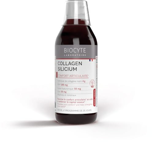 BIOCYTE Collagen Silicium - Confort Articulaire, Santé Osseuse - Silice, Hydrolysat De Collagène Marin, Acide Hyaluronique, Vitamine E - Goût Fruits Rouges - Programme 25 Jours