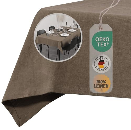 chambry Tischdecke 100% Leinen Stonewashed – Handarbeit Made in Germany – Größe und Farbe wählbar – hochwertige und nachhaltige Tischwäsche aus Naturmaterial - Braun 120cm x 120cm
