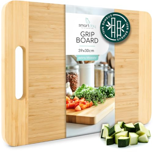 smartday Schneidebrett mit Griff aus Holz 100% Bambus - Küchenbrett massiv & schnittfest I Holzschneidebrett, Schneidbrett - Holzbrett für Küche & Servieren