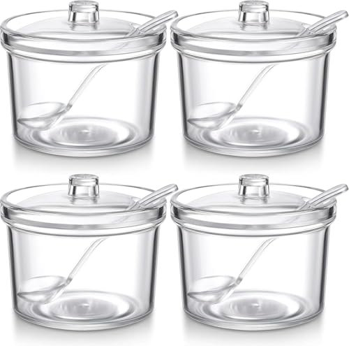 Werwing Transparente Acryl-Zuckerdosen mit Deckel und Löffeln, luftdichte Vorratsdosen für Zucker, Salz, Gewürze, Tee und Badesalz, 4 Stück