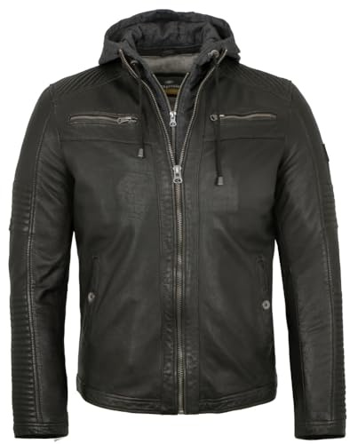 Redpoint - Herren Echtleder Lederjacke Bikerjacke Kapuze Lammnappa schwarz antik