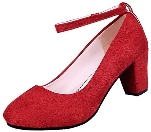 Primavera E Autunno Nuovo Camoscio Tacchi Alti Piattaforma Fibbia Spessa Con Tacco Medio Bocca Bassa Scarpe Singole Stivali Al Ginocchio per Le Donne Senza Tacco, Rosso, 39.5 EU