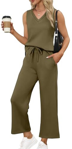 Zweiteiler Damen Ärmellose/Kurzarm Hosen Mit Weites Bein Hosenanzug 2 Teilig Leicht Tshirt Und Hose Elegant Sommeranzug Casual Sommer Outfits Bequem Jogginganzug Business Anzug(Army Green,M)