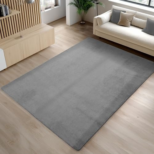 Carpetsale24 Kurzflor Teppich Wohnzimmer 140 x 200 cm Grau - Teppich Waschbar, rutschfest, Weich, modern einfarbig Design - für Schlafzimmer, Küche, Esszimmer