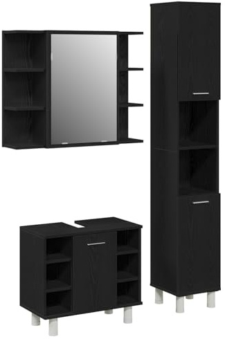 vidaXL 3-teilige Badezimmermöbel Set Schwarz-Eiche Holzwerkstoff Minimalistische Stauraum Einheiten Schrank und Spiegel Regal Organisation Moderne Lösungen Stilvolle Accessoires