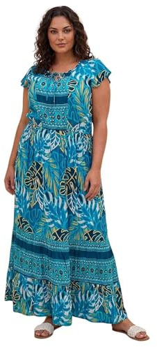 Roman Curve Tropical Tie Neck Dress for Women UK - Ladies Everyday Holiday Spring Summer Round Neckline Comfy Soft Evening Vacation Work Party - Blue Plus - Size 20