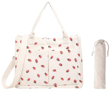 Rieoany Cord-Tragetasche, Weiße Schultertasche mit Erdbeer-Print, Leichte Tragetasche für Damen mit Mini-Beutel, Große Handtaschen Für Arbeit, Strand, Reisen Und Einkaufen
