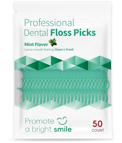 Dental Floss Picks 50 Count, Mint Flavored Flossers for Tight Teeth, Travel Size Oral Care Easy Take Out On The Go, Shred-Resistant Floss with Toothpick, Fresh Breath Daily Teeth Cleaning