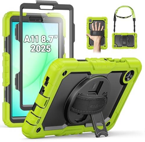 SEYMAC Hülle für Samsung Galaxy Tab A11/A9-8,7 Zoll (2025/2023), Grün | Stoßfeste Hülle mit Displayschutzfolie, 360°Drehbarem Ständer, Handschlaufe, Schultergurt, Stifthalter, Arbeit/Outdoor&Alltag