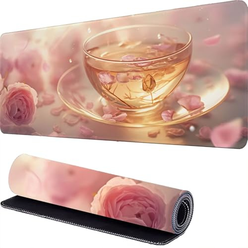 La Tasse Tapis de Souris Gamer 1800 x 900 x 3mm Fleurs Tapis Souris XXL Extended Mousepad Desk Mat avec Base en Caoutchouc Antidérapant, Mouse Pad pour Ordinateur, PC, Bureau, Maison r-16
