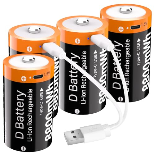 (8800mWh) Rechargeable D Batteries, New Upgrade High Capacity Lithium D Cell Battery Replacement for Floodlight, Electronic Toys etc, with 2 in 1 USB-C Cable- 2 Packs