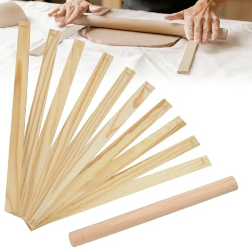 BXUUXA 10 Pièces Guides de Rouleau à Pâtisserie en Bois pour Poterie, 3/4/5/6/7mm Guides de Roulement de Poterie avec un Rouleau à Pâtisserie en Bois 30CM pour Poterie Épaisseur d'Argile Polymère