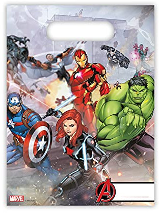 Procos 87969 - Party-Beutel Mighty Avengers, 6 Stück, Größe 23 x 16,5 cm, mit Tragelasche, Tüten, Give-Away, Gast-Geschenk, Geburtstag, Mottoparty