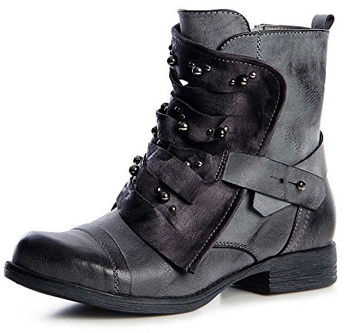 topschuhe24 1242 Damen Worker Boots Stiefeletten Nieten, Farbe:Grau 1242, Größe:36 EU