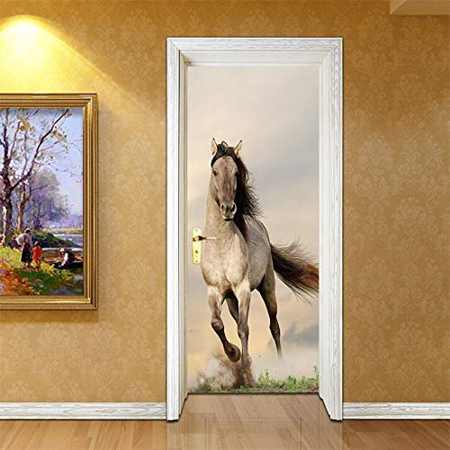 Stickers Porte Poster Cheval Animal Papier Peint Porte Trompe L'Oeil Pour Salon Chambre Décoration De La Maison Stickers Muraux Imperméable Stickers Amovibles 77X200CM