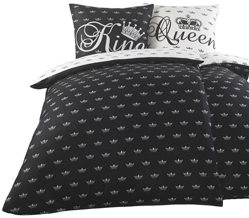 BaSaTex Winter Flausch Partner Bettwäsche Set 155x220 4-teilige Garnitur | 2X 155x220 cm Bettbezug + 2X 80x80 cm Kissenbezug |100% Microfaser Thermo-Fleece |Design: King Queen - Schwarz Weiß