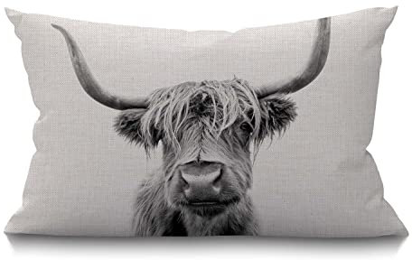 Smooffly Kuh Dekorativer Kissenbezug Bauernhaus Hochland Kuh Rinder Ochsenhorn behaart grau weiß Baumwolle Leinen Dekorationen Kissenbezug für Sofa Couch Baumwolle Leinen 30,5 x 50,8 cm