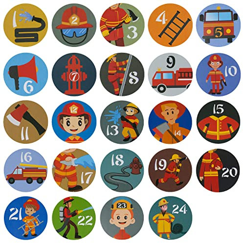 Oblique Unique® 24 Adventskalender Sticker mit Zahlen Aufkleber für Weihnachten Kinder Motive zum Basteln Verzieren Dekorieren (Feuerwehr)