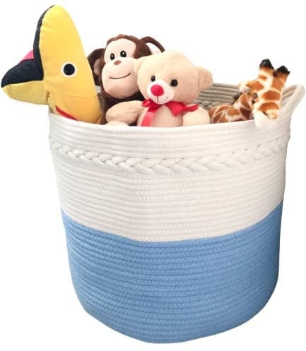 Cotton Rope Storage Basket - Extra Large Blue With Handles for Blankets, Toys, Clothes, Shoes (Blue)
