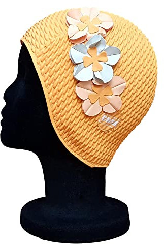 CHEX Rimini,Cappello da nuoto stile vintage a forma di cialda da donna, in stile retrò, stile vintage, con 3 fiori, colore a contrasto, colore 3D, taglia unica, colore: arancione/pesca/bianco)