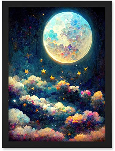 Doppelganger33 LTD Dreamy Night Sky Moon Stars Colourful Clouds Kids Cute Artwork Framed Wall Art Print A4