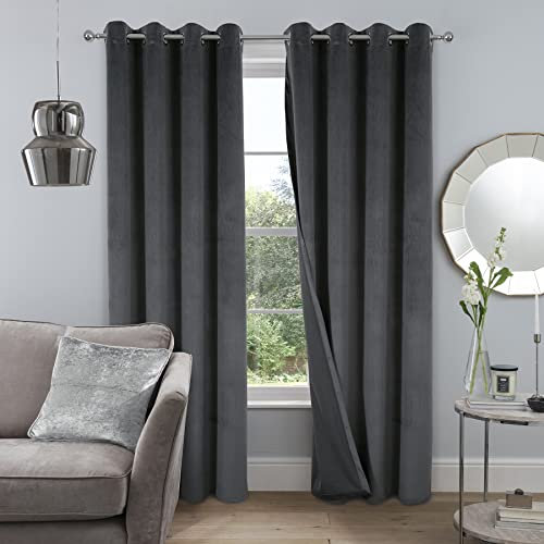 always4u Super Soft Velvet Curtains Charcoal Grey Blackout Curtains 52x63 Inches Eyelet Thermal Insulated Unlined Window Treatment for Living Room 1 Pair