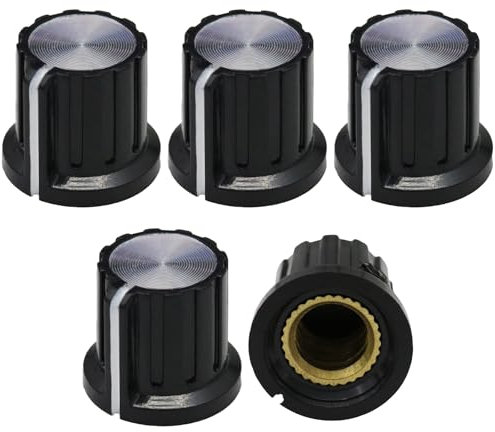 6.4mm Round Hole Silver Cap Black Synthesizer/Amplifier Control Knob Pack of 5