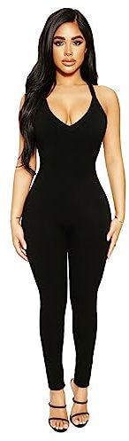 KOEMCY Jumpsuit Damen Lang Eng Yoga Bodycon Bodysuit Rückenfrei Einteiler One Piece Overall Sommer Casual Hosenanzug Strampler Playsuit Ärmellos Nahtloser Romper (Schwarz, M)