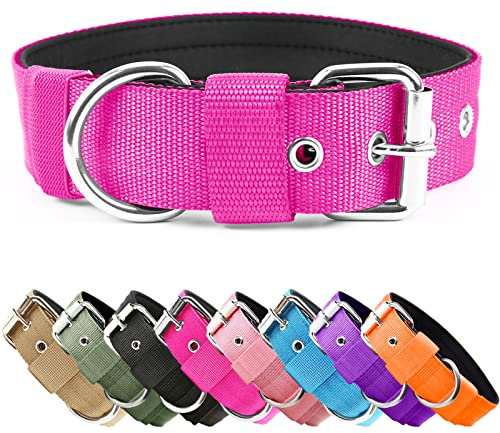Collier tactique robuste pour chien – 3,8 cm de large en nylon épais durable avec boucle en métal réglable – Collier K9 de dressage pour chiens de petite, moyenne et grande taille, rose vif, taille XL