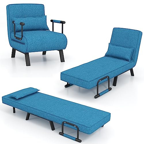 GOPLUS Sofá Cama Convertible, Sillón Reclinable 4 en 1 con Respaldo Ajustable en 6 Posiciones, Almohada Desmontable y Marco Metálico, Sofá Cama Plegable Individual Tapizada Carga 150kg (Azul)