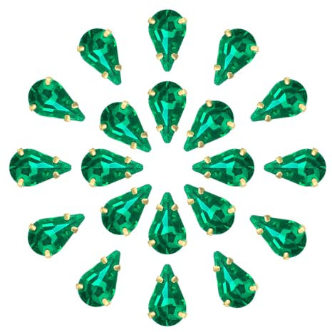 QUARKZMAN 20pcs Strass à Coudre Forme Larme - 13x8mm Plat Dos Verre Cristal en Or Broche Réglage pour Artisanat, DIY Bijoux, Vêtements Décorations (Vert)