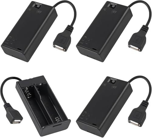 ALAMSCN 4 Stück 1.5V AA Batteriehalter 5V Kunststoff Batteriehalter Gehäuse with USB Buchse und EIN/AUS Schalter und Abdeckung, 2AA + USB
