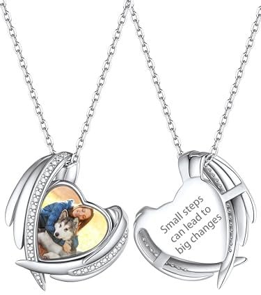 Custom4U Collier Argent 925 Femme Photo Personnalisé Pendentif Ailes d'Anges Porte Photo Prénom Personnalisable