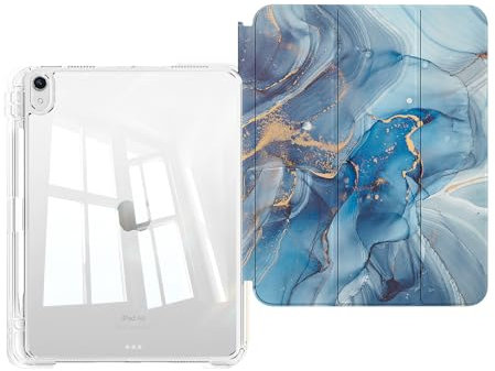Piznernico iPad Air 4/5 Hülle, Hülle für Apple iPad Air 4. / 5. Generation 11 Zoll 2020/2022, abnehmbarer dreifach faltbarer Ständer mit transparenter Rückseite, Schutz mit Stifthalter, blauer Marmor