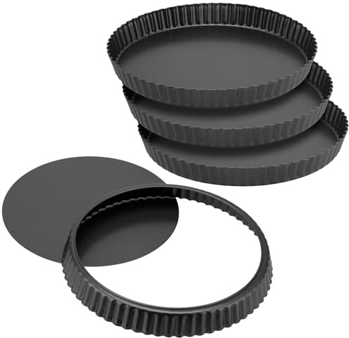 SINJEUN 4 Pack 10 Inch Non Stick Tart Tin with Loose Bottom, Removable Quiche Dish with Removable Loose Bottom Flan Case Tin for Baking Quiches, Pies, Flans, Cheese, Black