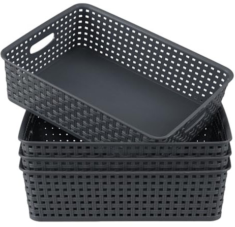 Wakikini 4 Packs A4 Plastic Storage Basket Trays, Plastic Office Paper Storage Trays, Grey