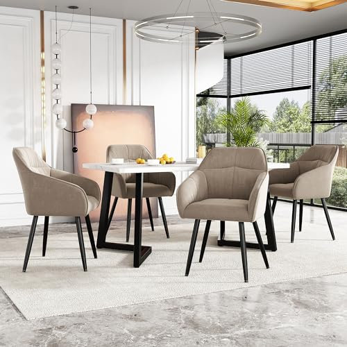 KecDuey Essgruppe 5-Teilig, Esstisch mit 4 Stühlen, Moderner Küchentisch Set,Esstisch Set mit Polsterstuhl Design,Stuhl mit Rückenlehne,MDF Tischplatte in Weißer,Schwarz Tischbeine (Beige)