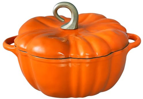 Flavehc Pumpkin Gusseisen Dutch Oven mit Deckel - 3,8 qt Kürbis Emailliertes Gusseisen Dutch Oven für Brot Backen - Orange mit Griffen