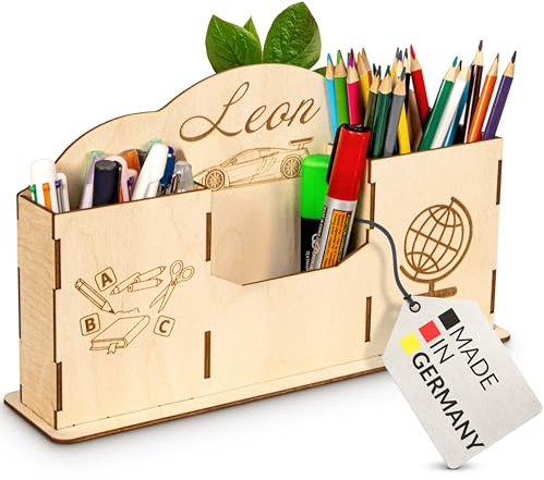 Birdart Box® Personalisierter Schreibtisch Organizer für Kinder – dekorativer Stiftehalter aus umweltfreundlichem Holz, handgefertigter Stiftköcher mit Namen individuell gestaltbar (Stiftehalter)