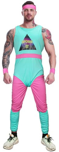 LIKUNGOU 80er Jahre Trainings Kostüm Herren Workout Kostüme 80er Jahre Blauer Trikot Rosa Leggings Beinwärmer Schweißbänder Halloween Fancy Dress Outfit (L)