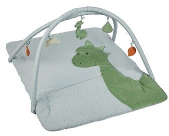 Sterntaler Spielbogen Dino Rexi - Spielbogen aus Velour und bedrucktem Baumwoll Mischgewebe - Baby Spieldecke mit Bogen und Spielfiguren zum Abnehmen - Baby Spielzeug mit Knisterpapier, graublau