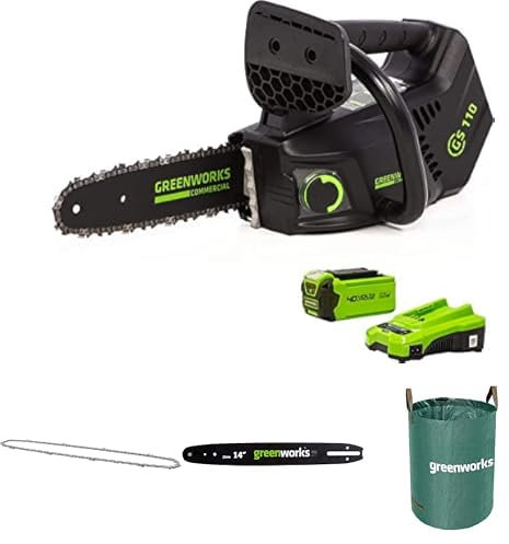Greenworks GD40TCSK2 Cordless Top Handle Chainsaw with Brushless Motor, 40V 2Ah Battery & Charger + Greenworks 25cm Replacement Chain + Greenworks 25cm Guide Bar+ Greenworks 120 L Garden Waste Bag